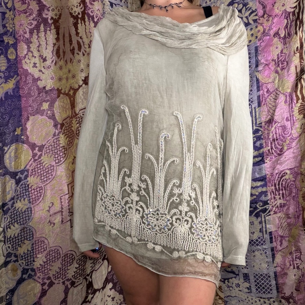 Silk Goth Fairy Ethereal Long Sleeve Embroidered Sequin Blouse Oversized M